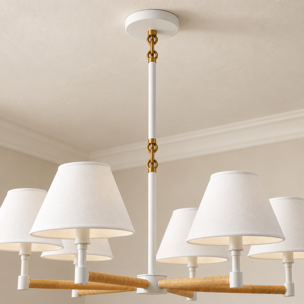 White canopy and brass ring suspension detail of Larkspur chandelier