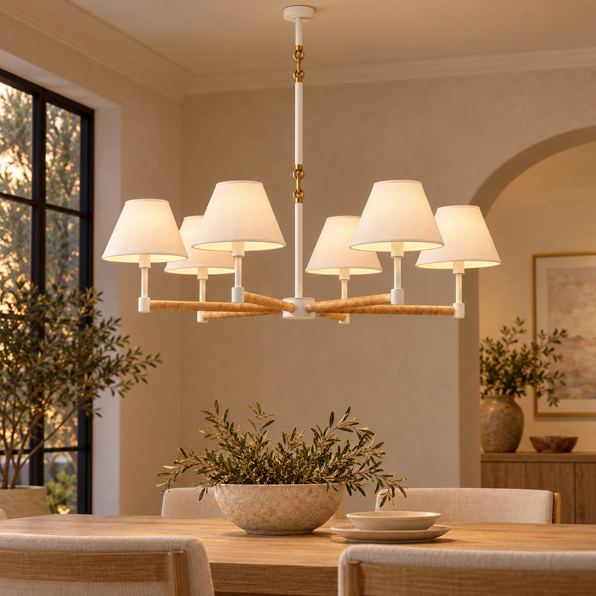 Larkspur white rattan chandelier illuminated above a dining table