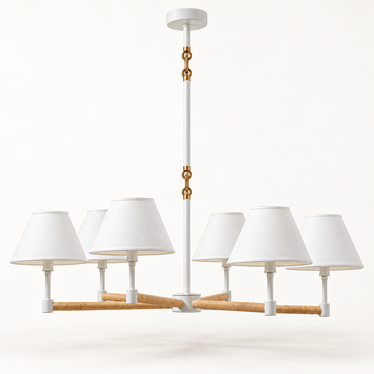 Three-quarter view of Larkspur white rattan six-light chandelier