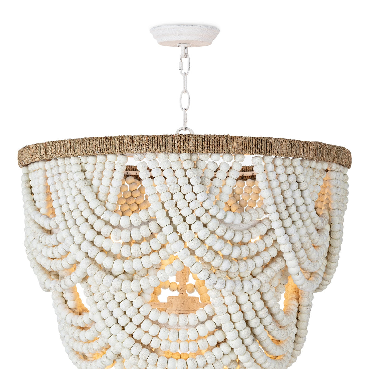 Lorelei white wood bead chandelier, detail view 2