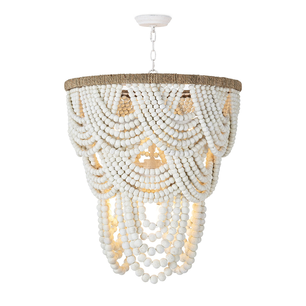 Lorelei white wood bead chandelier, front view