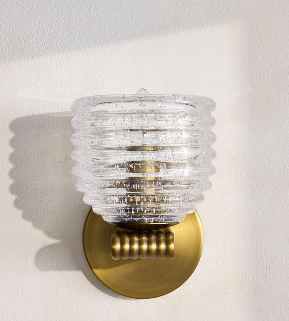 Oregan bubbled glass and brass wall sconce, front view