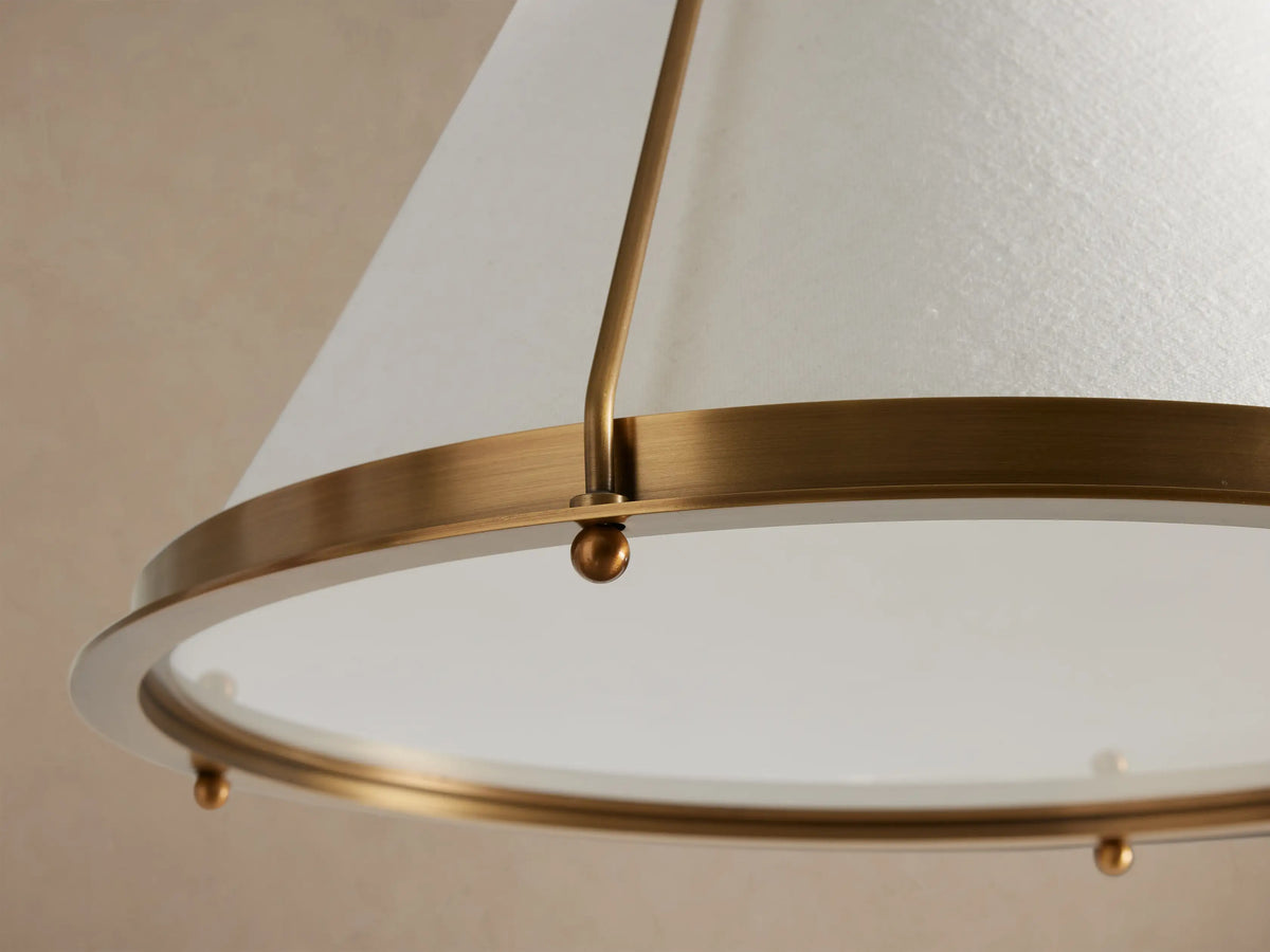 Shelton brass pendant linen shade and frosted diffuser, view from below
