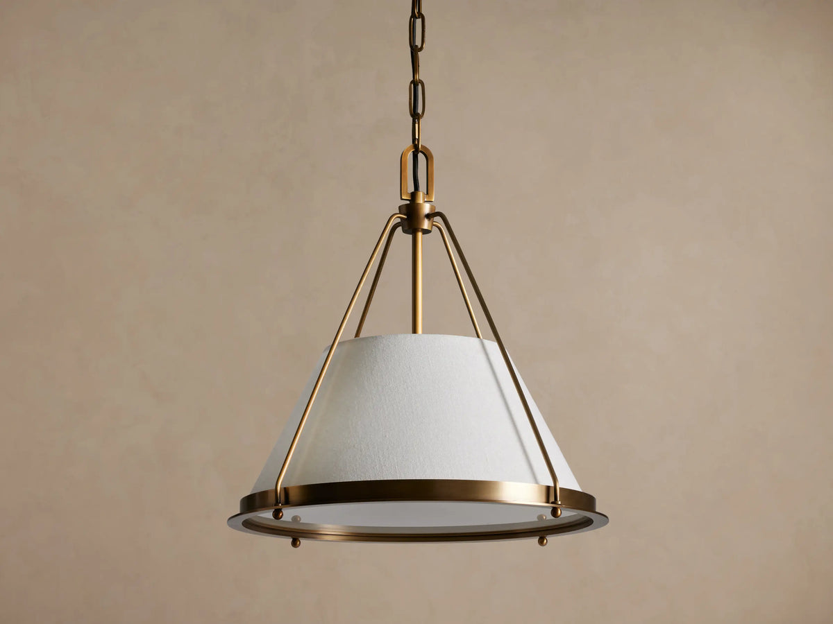 Shelton brass pendant and tapered linen shade, unlit front view