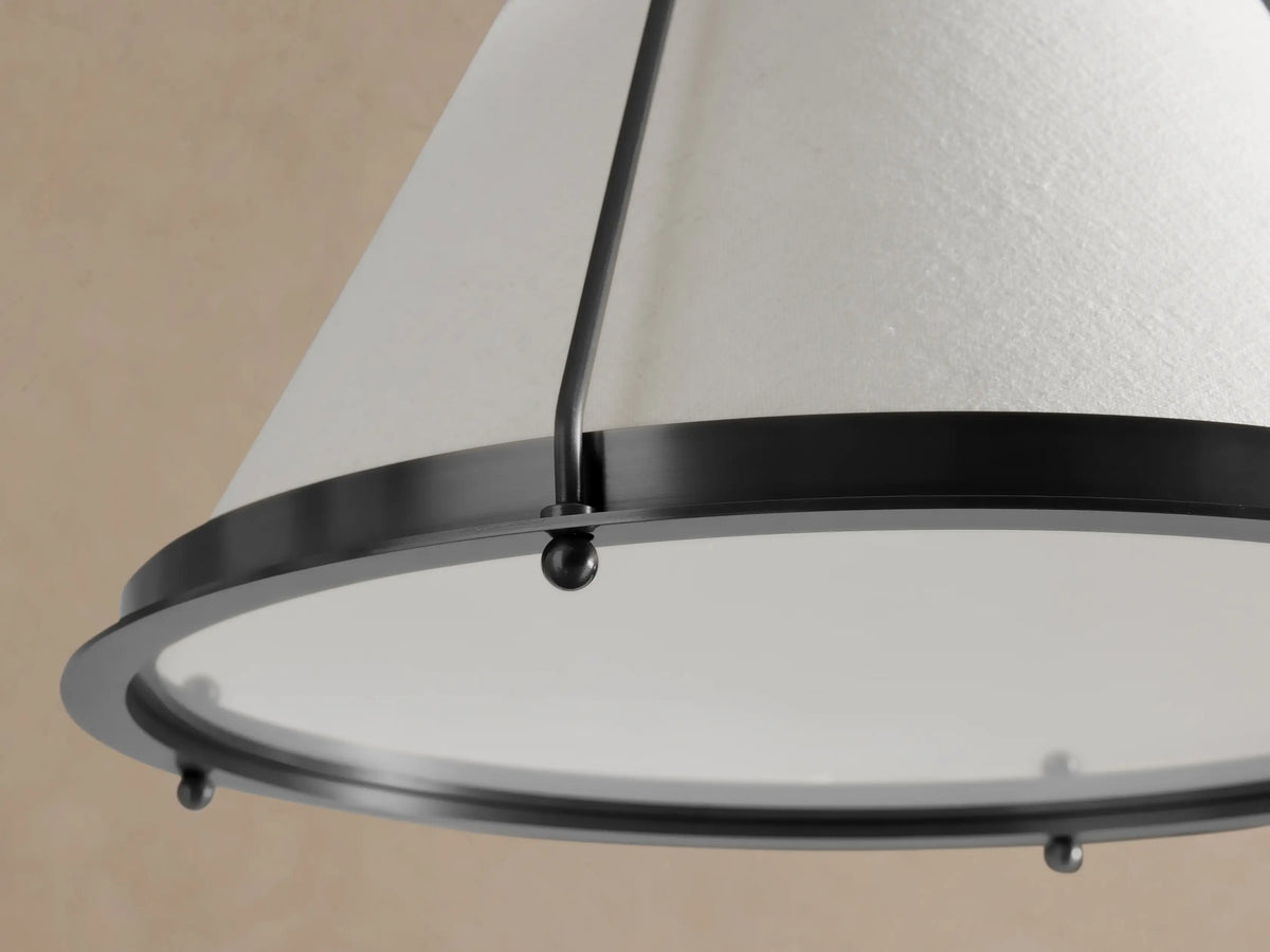 Shelton bronze pendant diffuser and linen shade, view from below