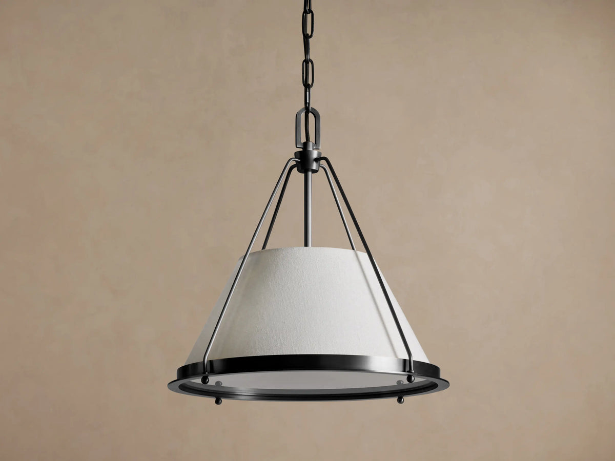 Shelton bronze pendant and tapered linen shade, unlit front view