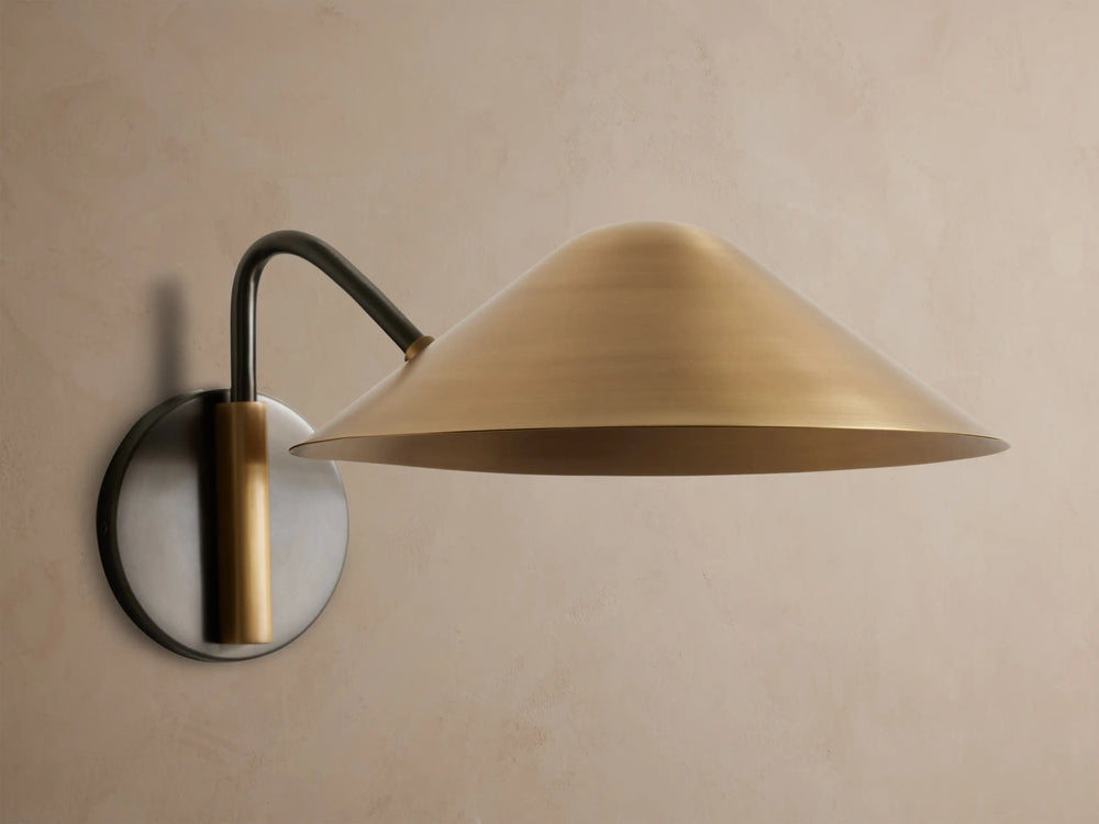 Simms antique brass wall sconce with wide metal shade, front view