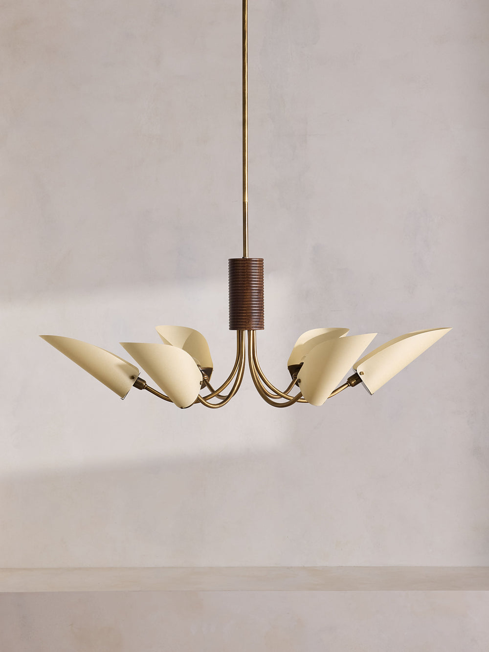 Truman six-arm brass and walnut chandelier with parchment shades, front view