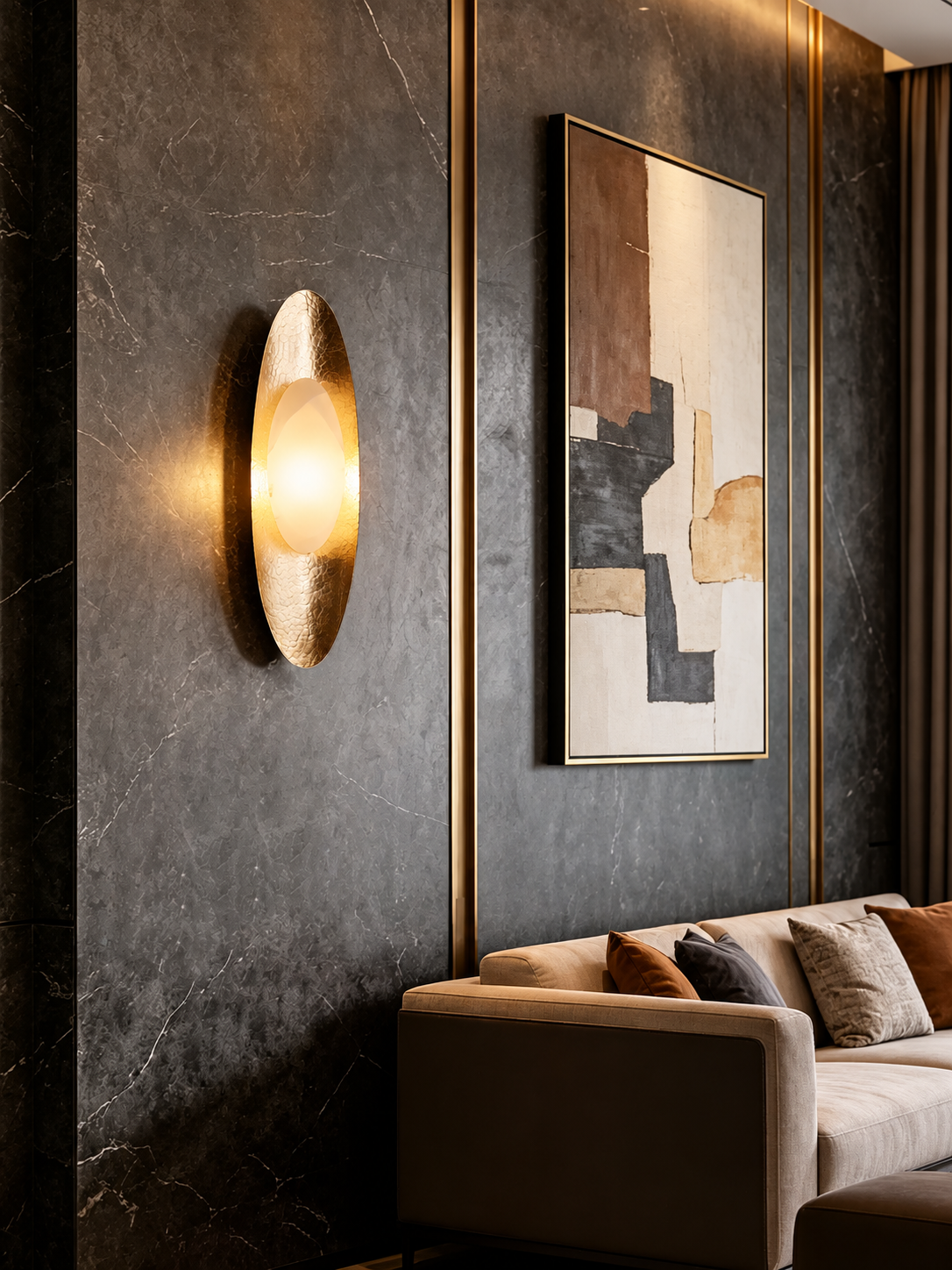 Gold and marble wall sconce in a modern living room