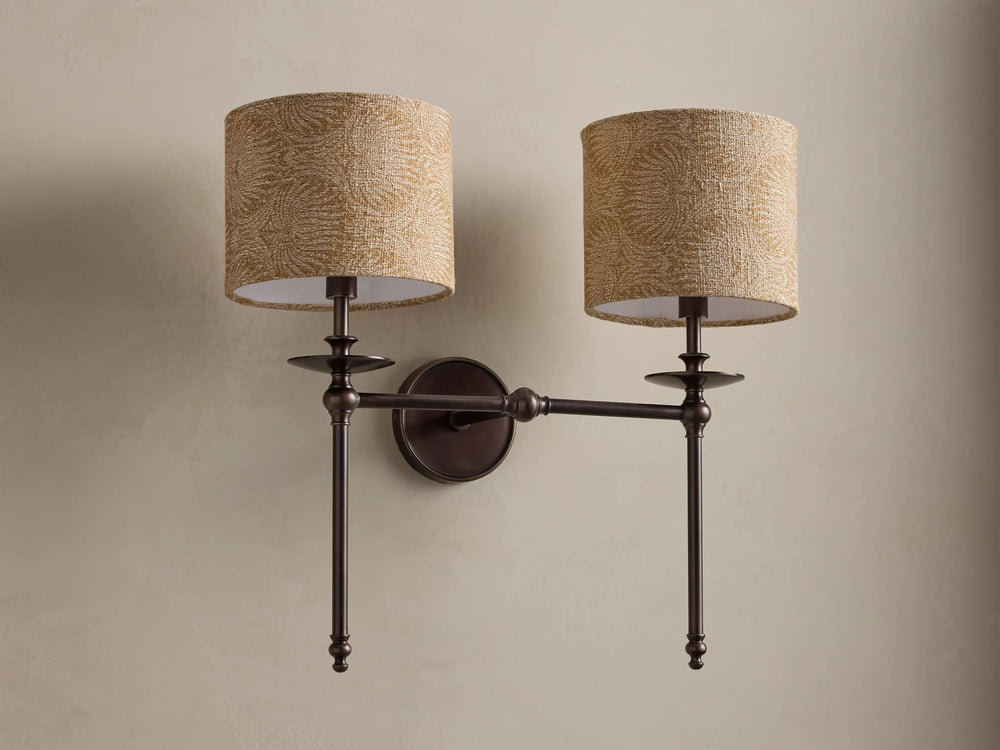 Winslow double wall sconce in bronze with two clay fabric shades, full front view