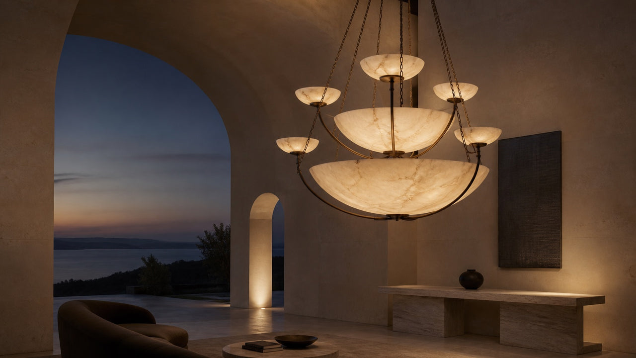 Sculptural alabaster and bronze chandelier in a limestone interior